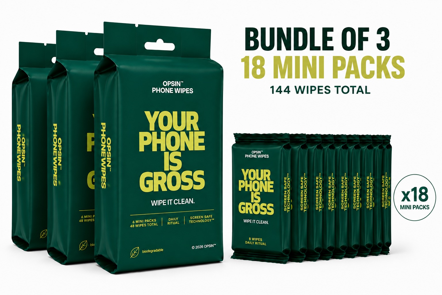 OPSIN Bundle — 3 bags, 18 mini packs, 144 wipes