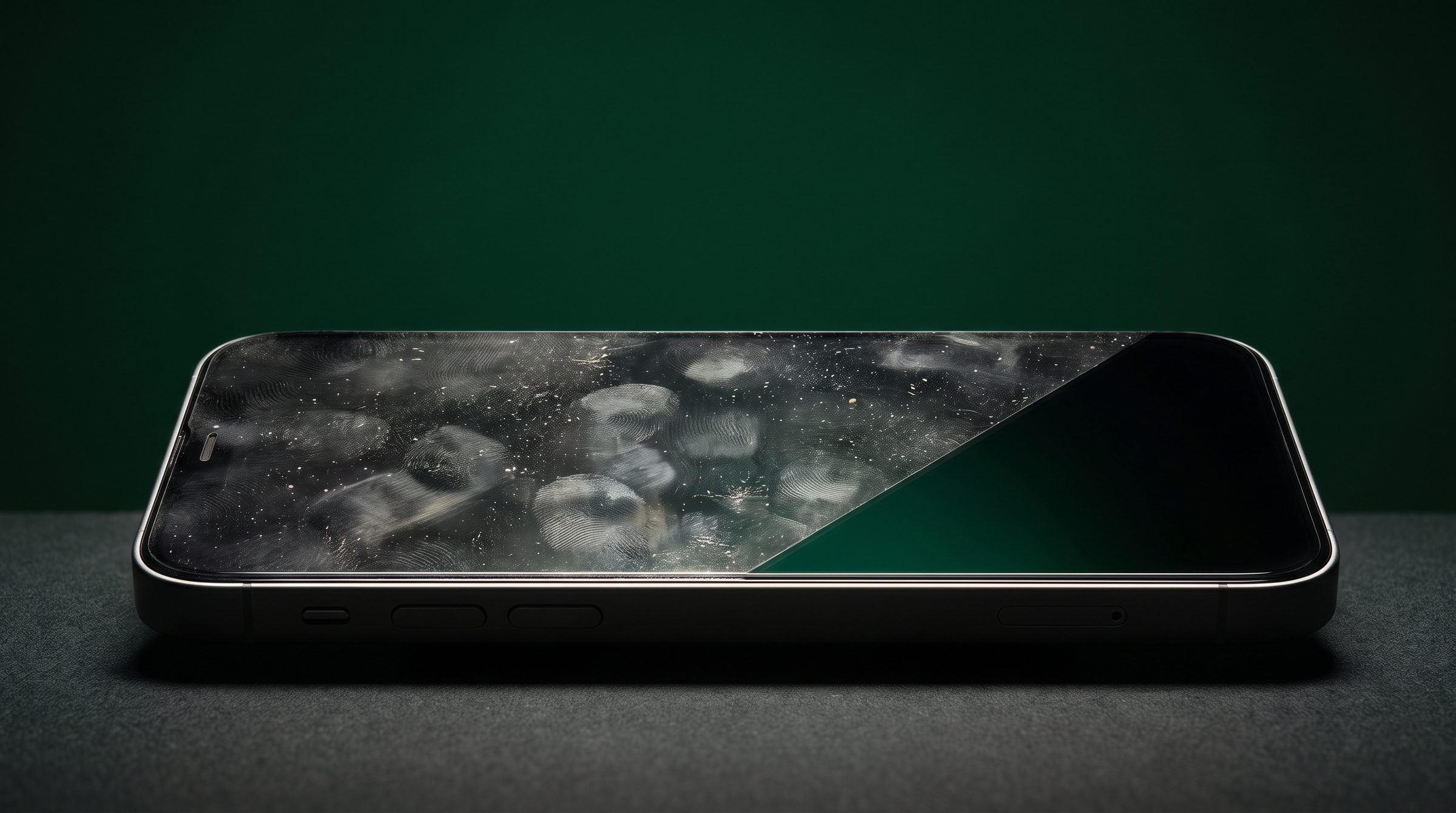 Close-up of a smartphone screen covered in fingerprints and grime, with one half wiped perfectly clean