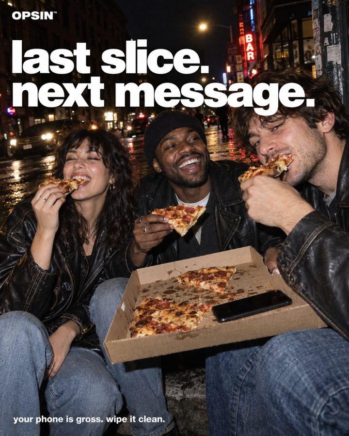 Friends sharing pizza on a curb with phones