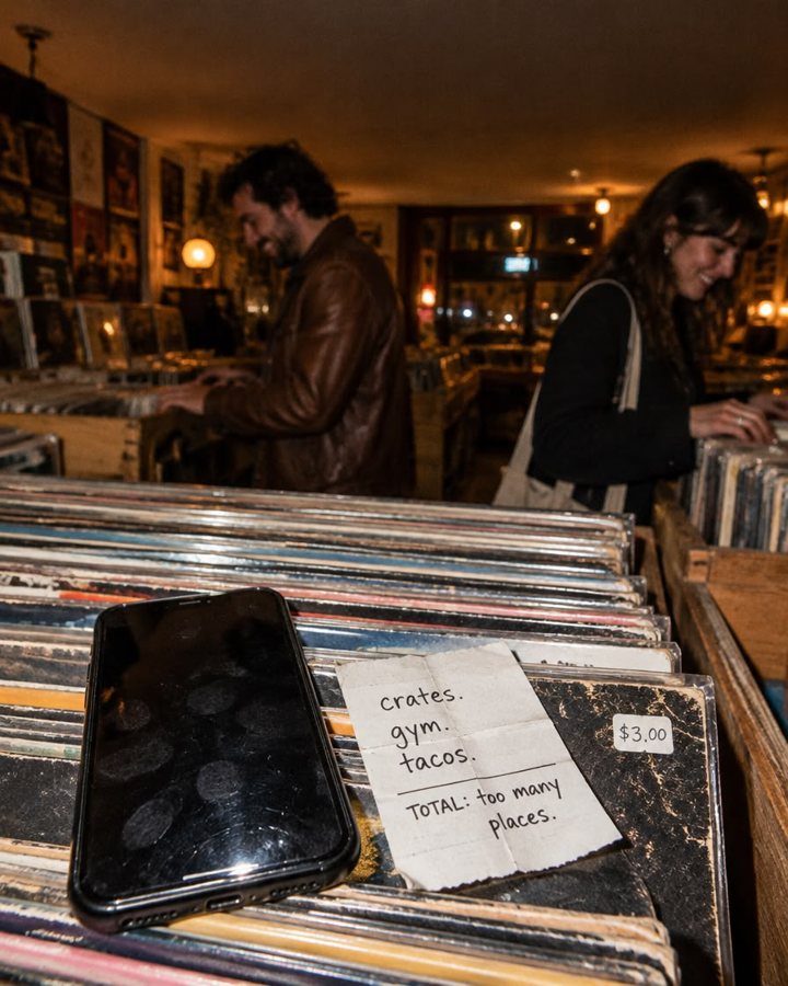 Smudged phone and a receipt reading crates, gym, tacos, total too many places in a record store