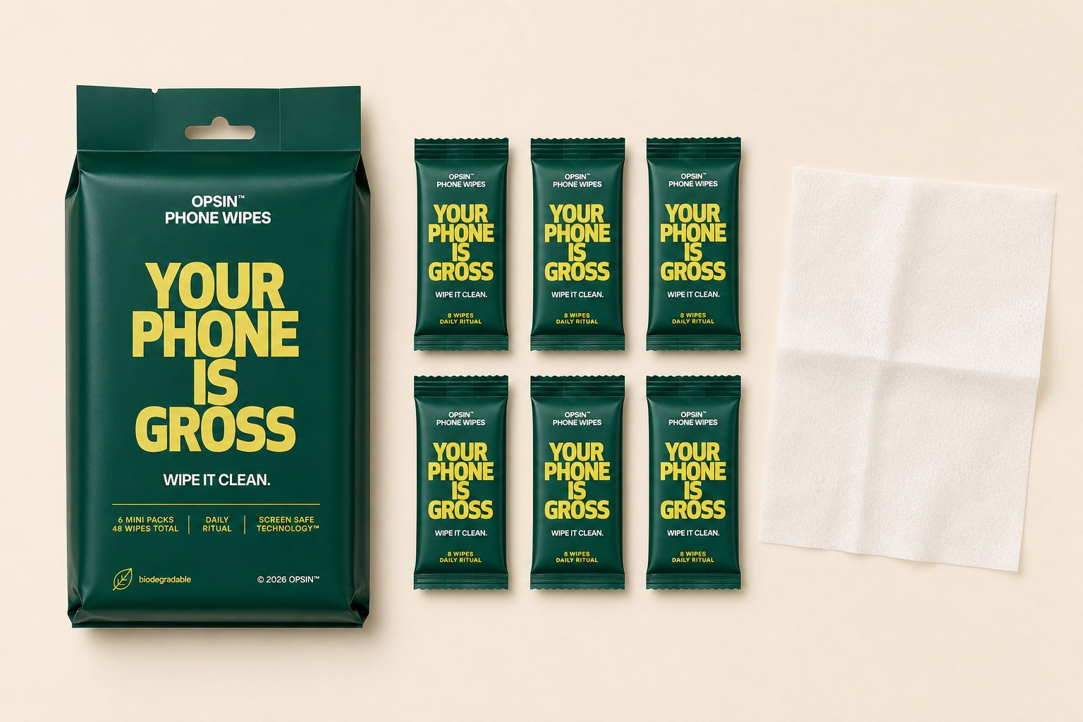 OPSIN large bag with its six individually-wrapped mini packs and a single wipe